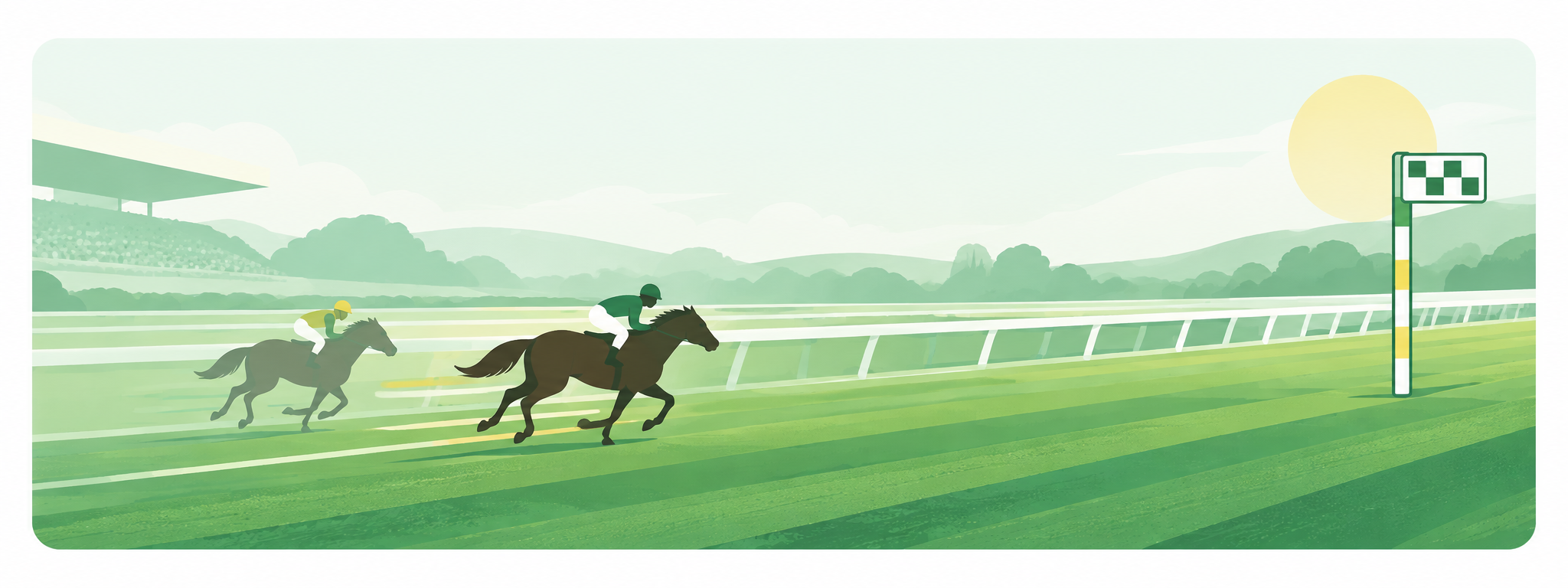 芝の直線コースをゴールへ向かって駆ける2頭の競走馬のイラスト
